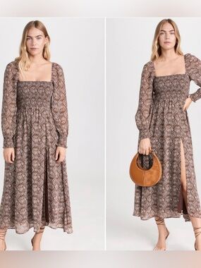 O.P.T. Smocked Brown/White Floral Paisley  Print Maxi Dress. Puff Sleeves Sz XL